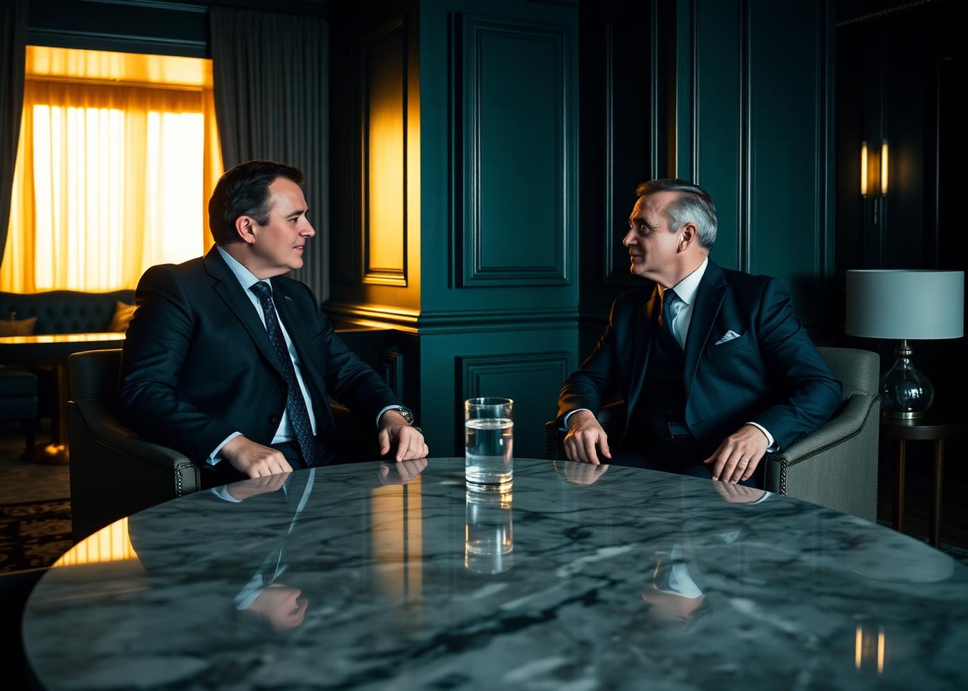 Two founders in a discreet conversation in an elegant private room